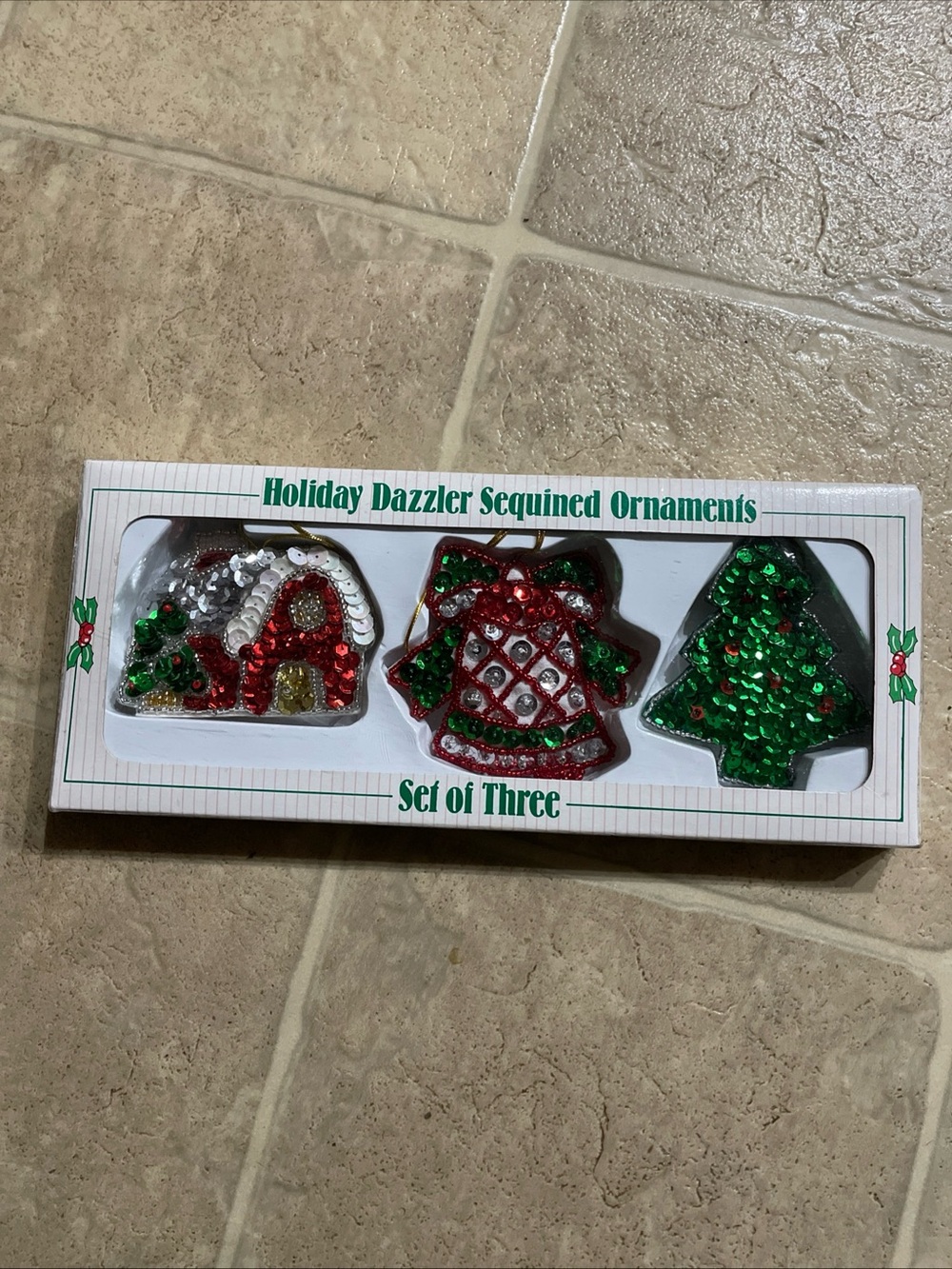 VTG GIFTCO Holiday Dazzler Sequined Ornaments NEW Set Of 3  Tree, House, Bell